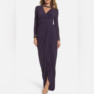 Adrianna Papell Jersey Long Sleeve Gown in Aubergine Purple